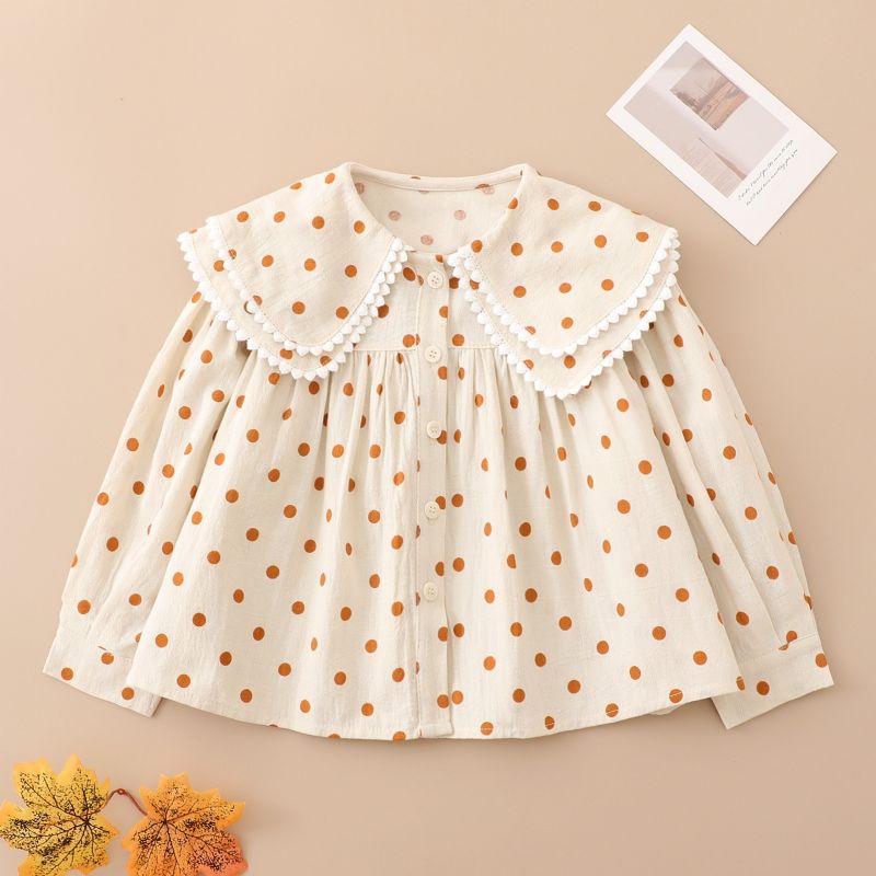 Jenter Polka Dots Ruffle Hem Lantern Langermet Collared Bluse