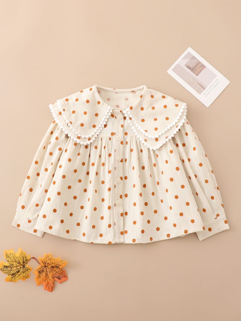 Jenter Polka Dots Ruffle Hem Lantern Langermet Collared Bluse