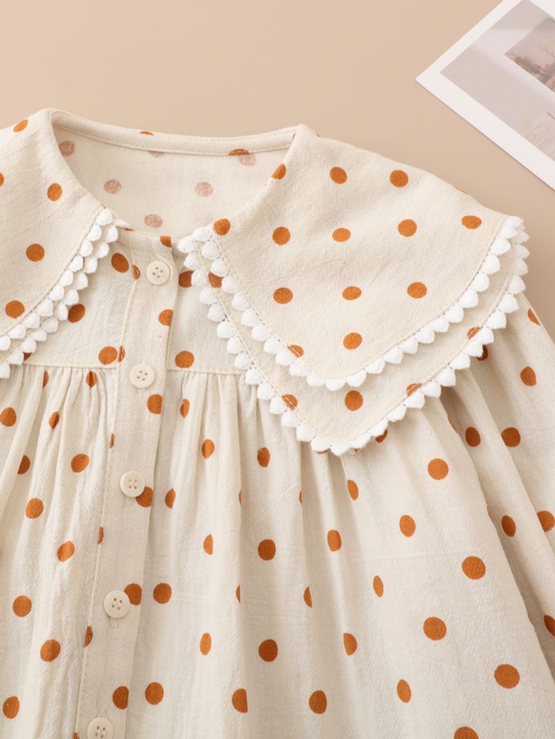 Jenter Polka Dots Ruffle Hem Lantern Langermet Collared Bluse