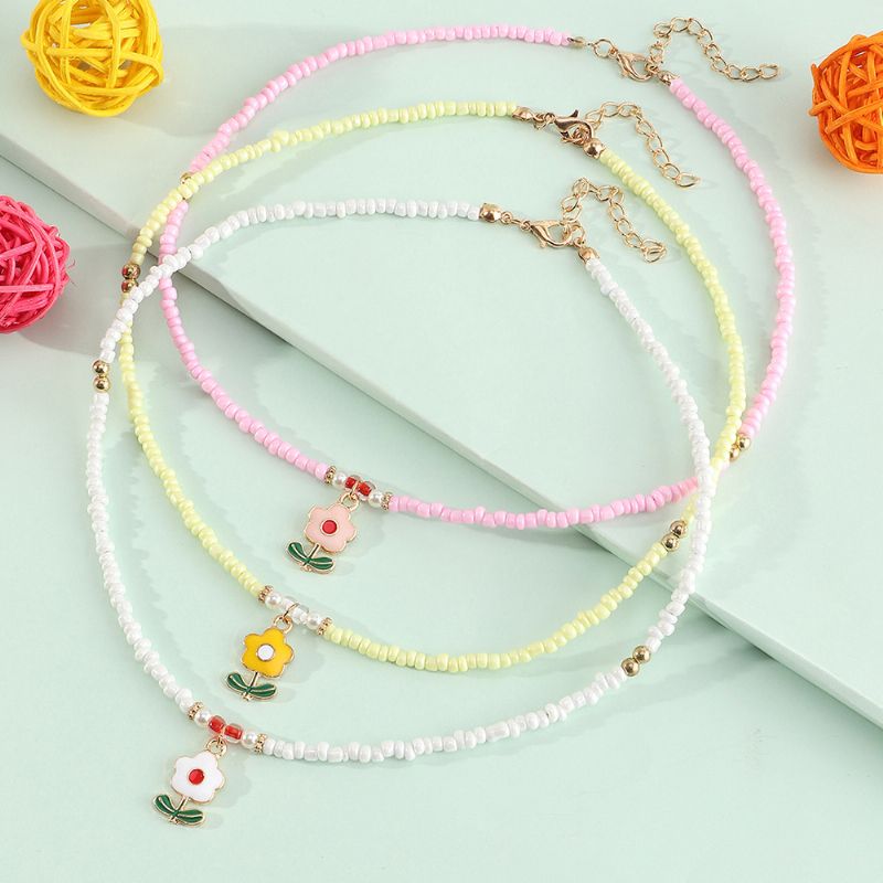 3 Stk Barn Jenter Flower Pendant Rice Beads Beaded Halskjede Sett