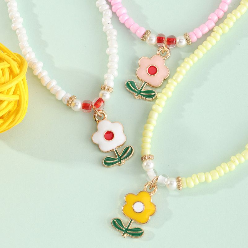 3 Stk Barn Jenter Flower Pendant Rice Beads Beaded Halskjede Sett