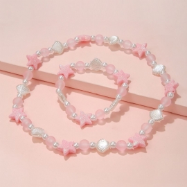 Jenter Halskjede Sett Hvit Shell Pink Star Stretch Beads Armbånd