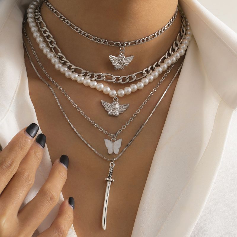 Pearl Angel Sword Charm Chain Beaded Halskjede Sett Charms Smykker Gave Bursdagsgaver Til Kvinner Kone Jenter Henne