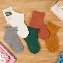 5 Par Babysokker Ensfargede Crew Sokker For Gutter Jenter