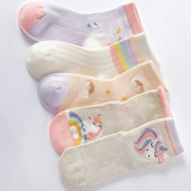 5 Par Barnesokker Tegneserie Unicorn Rainbow Mesh Pustende Bomullssokker For Jenter