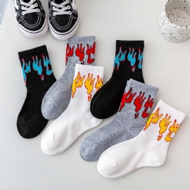 6stk Flame Print Sokker For Barn Svart & Hvit & Grå