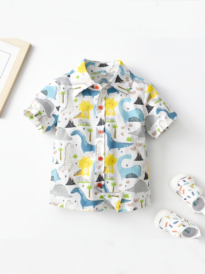 Button-up Skjorte For Gutter Med Tegneseriedinosaurtrykk