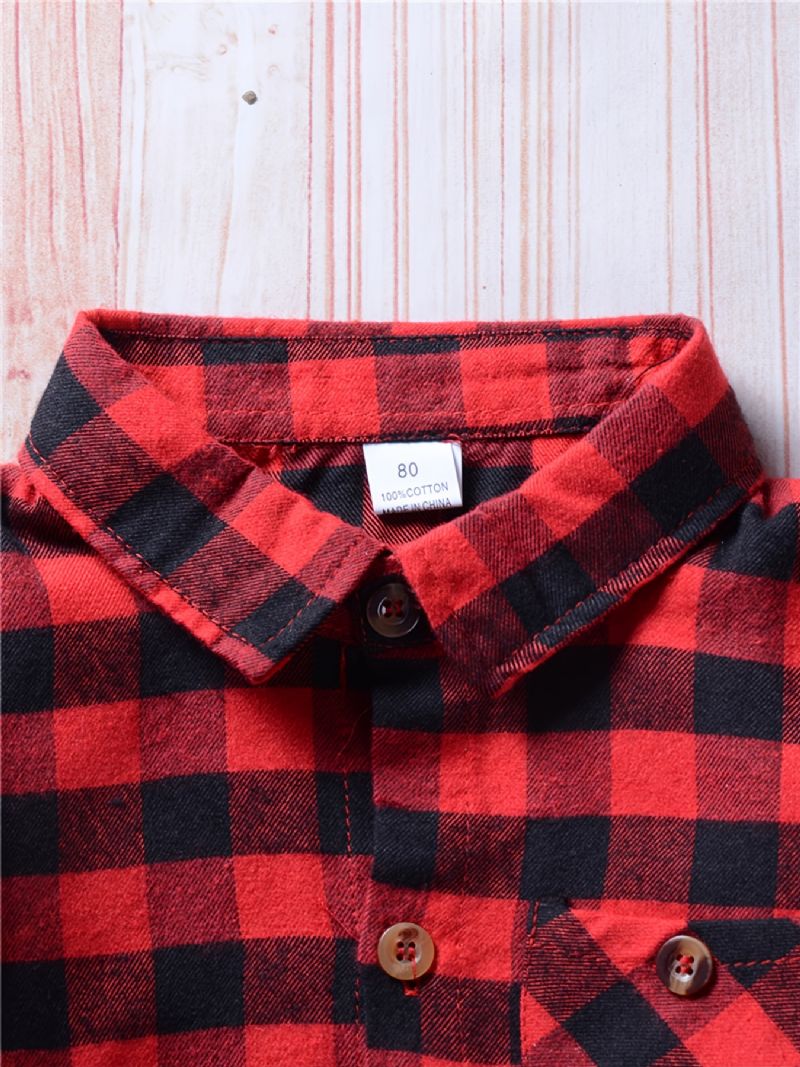 Gutter Casual Vintage Ruteskjorter Langermet Lapel Tops For Winter Red