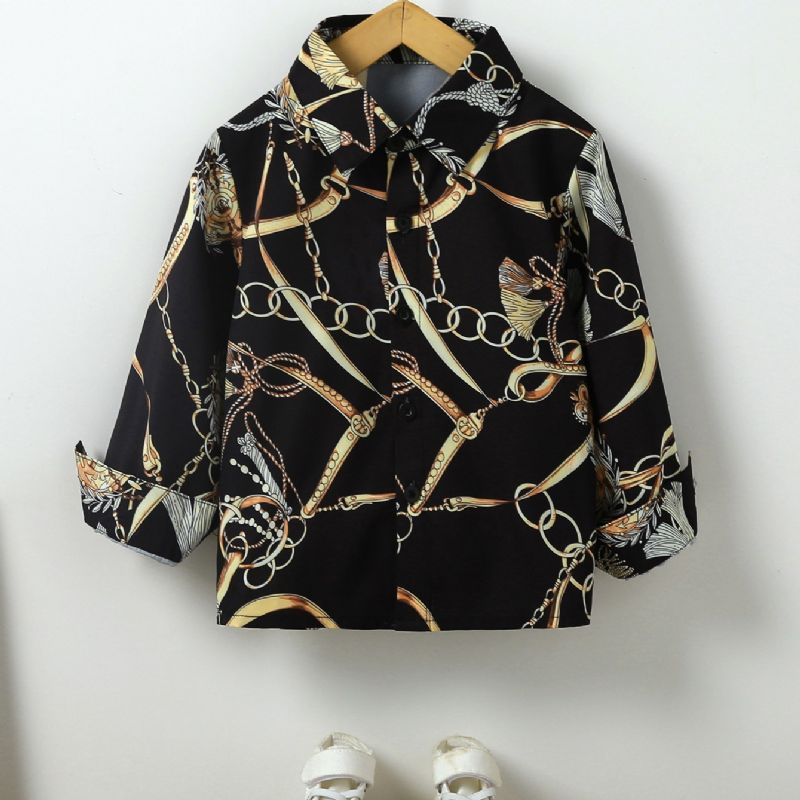 Gutter Mote Gold Chain Print Button Down Skjorte Langermet Topp Bluse