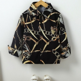 Gutter Mote Gold Chain Print Button Down Skjorte Langermet Topp Bluse