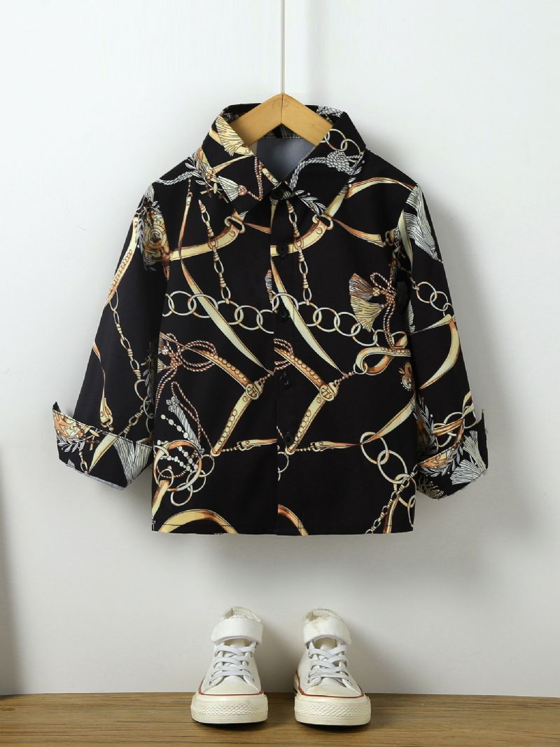 Gutter Mote Gold Chain Print Button Down Skjorte Langermet Topp Bluse