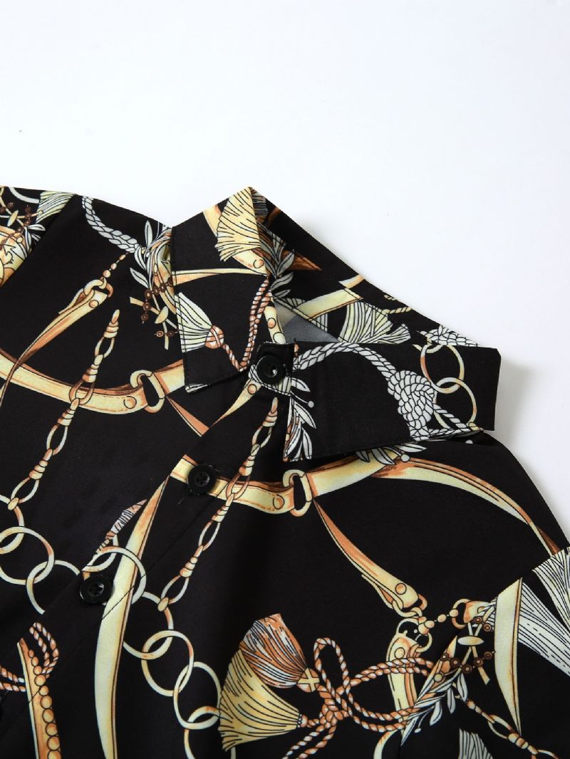 Gutter Mote Gold Chain Print Button Down Skjorte Langermet Topp Bluse