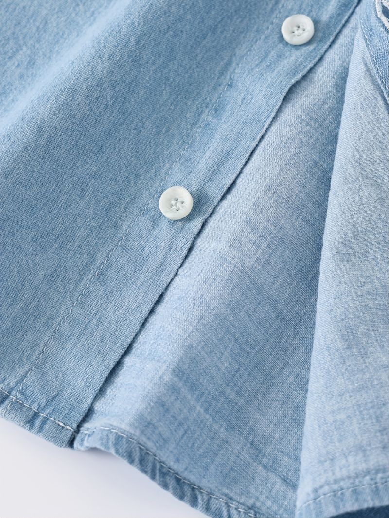 Gutter Søt Tegneseriemønster Lapel Button Down Dongeriskjorte