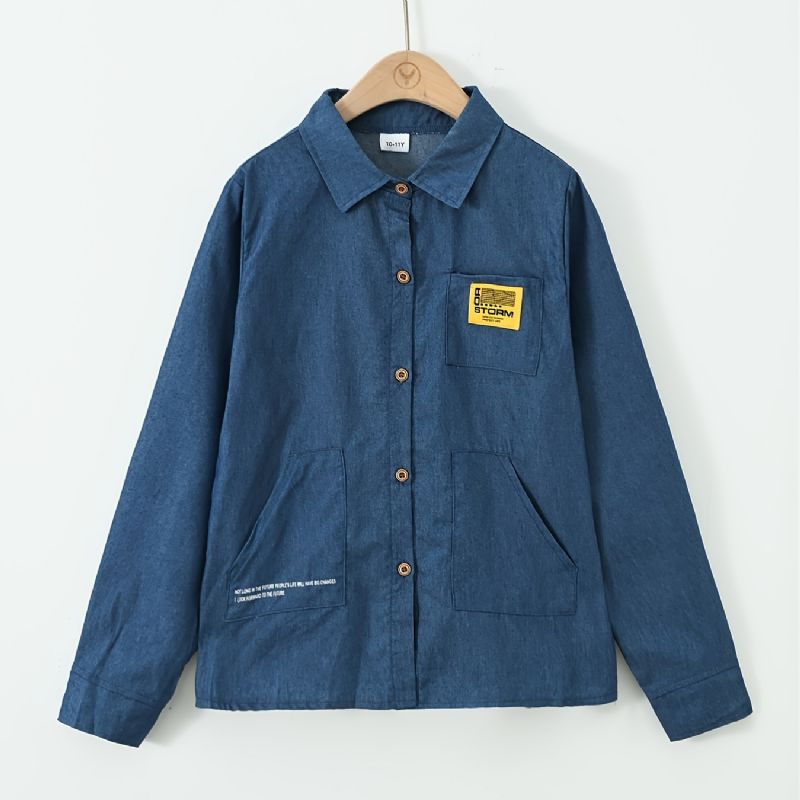 Kids Gutter Skjorte Langermet Button Down Pocket Denim Bluse