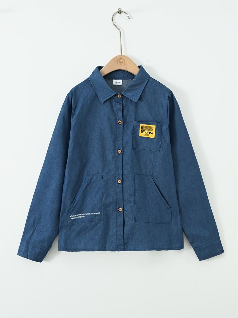 Kids Gutter Skjorte Langermet Button Down Pocket Denim Bluse