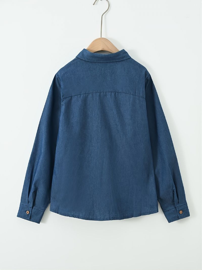 Kids Gutter Skjorte Langermet Button Down Pocket Denim Bluse