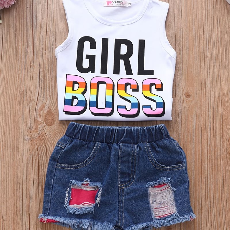 2 Stk Baby Jenter Letter Print Ermeløse Tank Tops Vest & Ripped Denim Korte Barneklær Sommerantrekk