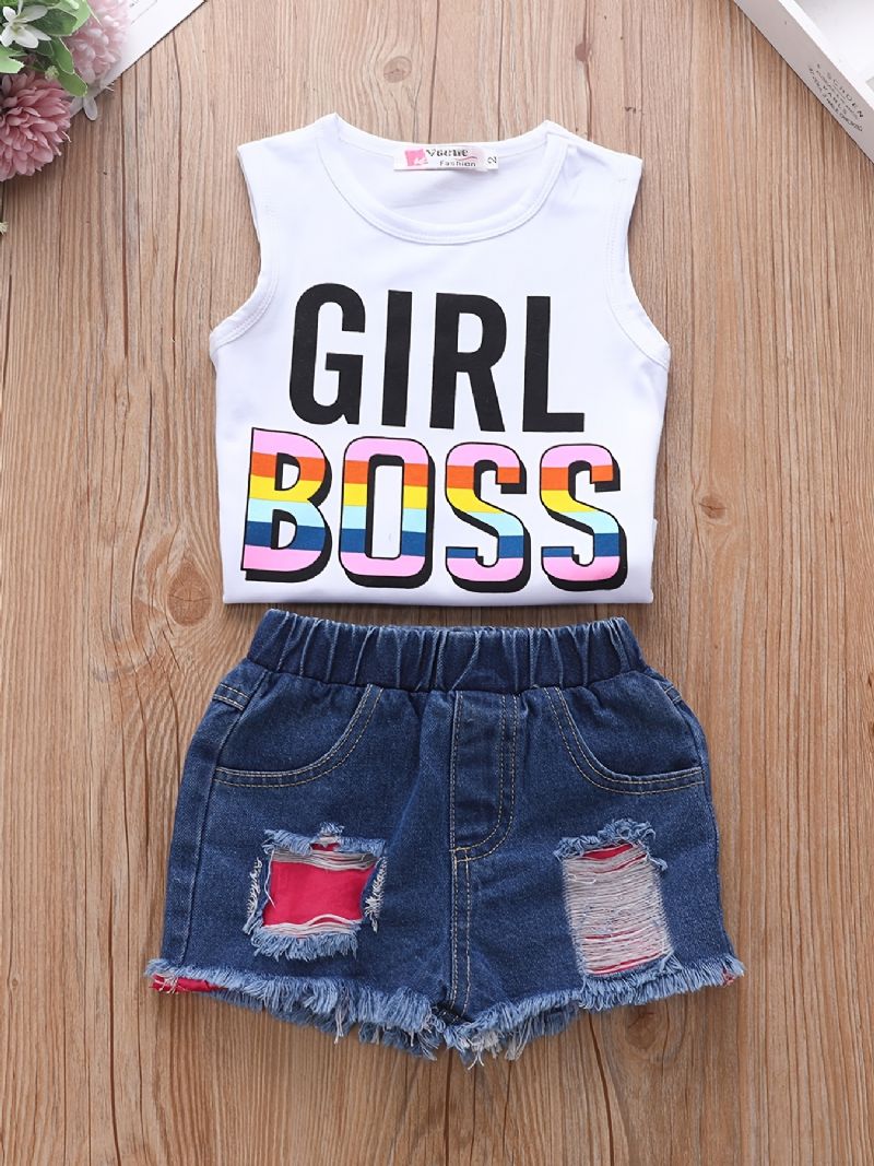 2 Stk Baby Jenter Letter Print Ermeløse Tank Tops Vest & Ripped Denim Korte Barneklær Sommerantrekk