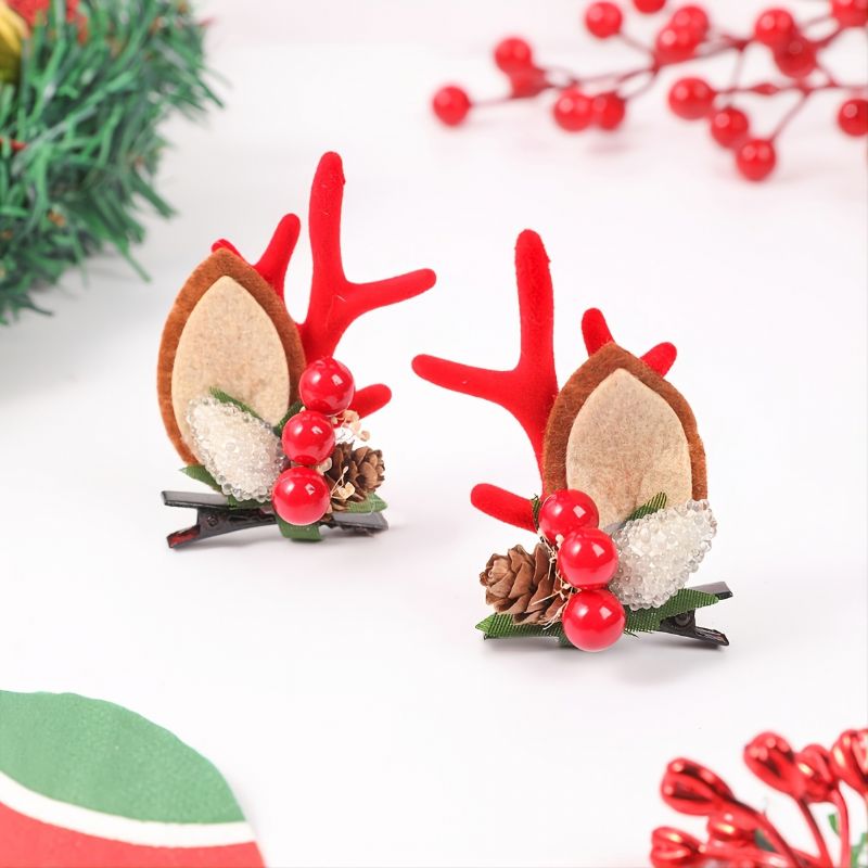 1 Par Barn Christmas Series Cute Pine Cones Side Deer Point Hair Clip