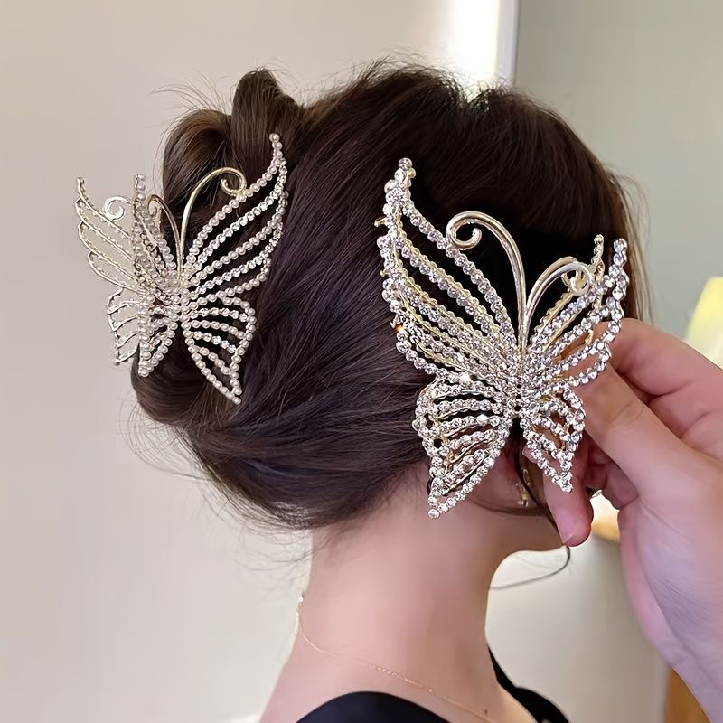 Butterfly Krystall Hårklospenner Perle Rhinestone Gyldent Metall Hårklemmer Store Edelstenshårkjeveklemmer Sterkt Grep Sklisikkert Hår Fangspenner Klemmer For Tykt Tynt Hår Tilbehør For Kvinner Jenter