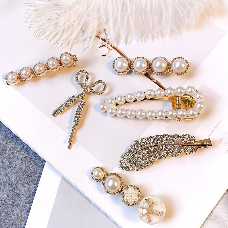 Faux Pearl Hårklemmer Mote Jenter Elegant Barrette For Langt Hår Kort Kvinner 6 Stk/sett