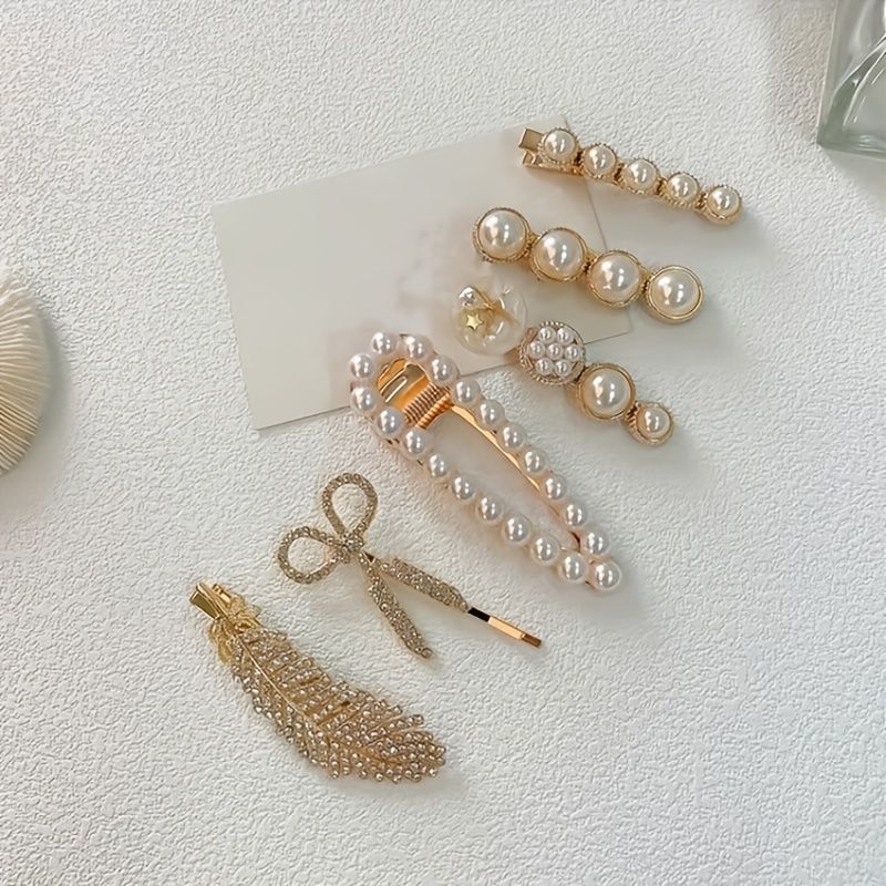 Faux Pearl Hårklemmer Mote Jenter Elegant Barrette For Langt Hår Kort Kvinner 6 Stk/sett