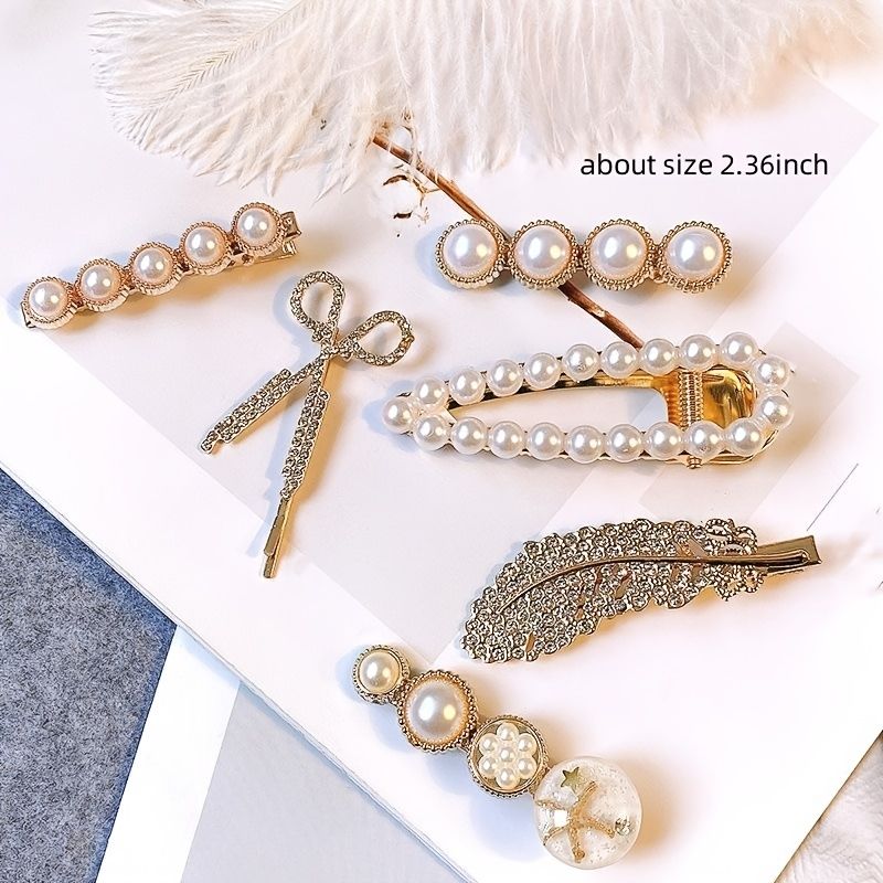 Faux Pearl Hårklemmer Mote Jenter Elegant Barrette For Langt Hår Kort Kvinner 6 Stk/sett