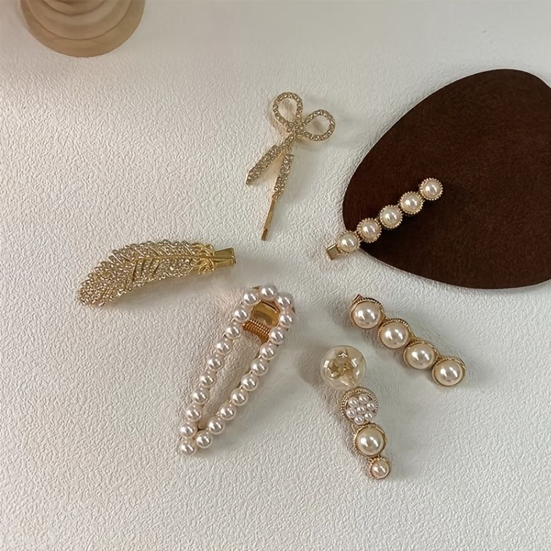 Faux Pearl Hårklemmer Mote Jenter Elegant Barrette For Langt Hår Kort Kvinner 6 Stk/sett