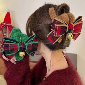 Fluffy Plysj Hår Klyper Julen Bowknot Hår Klips Bell Hår Klo Klemmer Barrettes Sklisikre Stor Klo For Hår Dekorasjon Stilig Krøllete Hår Tilbehør For Kvinner Jenter