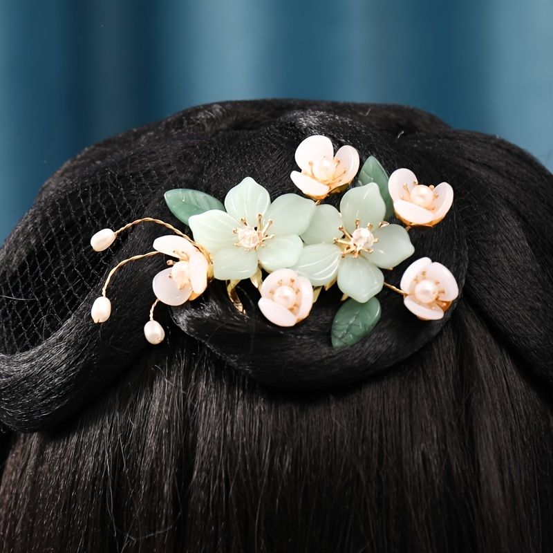 Jade Blomst Hårnåler Kvinner Jenter Hårpinne Retro Chignon Pin Hår Spisepinner Hårstyling Hårlaging Tilbehør Grønt