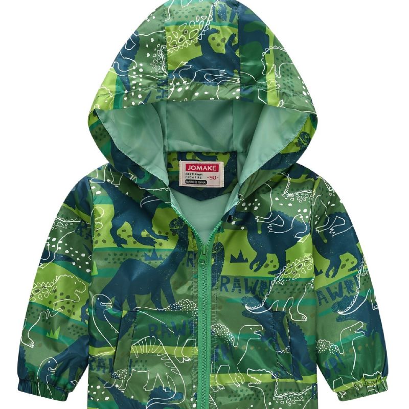 1 Stk Casual Søt Grønn Dinosaur Print Glidelås Hettejakke Cardigan Krage Termojakke For Vinter Gutter Jenter