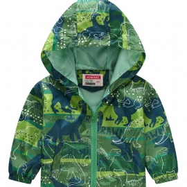 1 Stk Casual Søt Grønn Dinosaur Print Glidelås Hettejakke Cardigan Krage Termojakke For Vinter Gutter Jenter