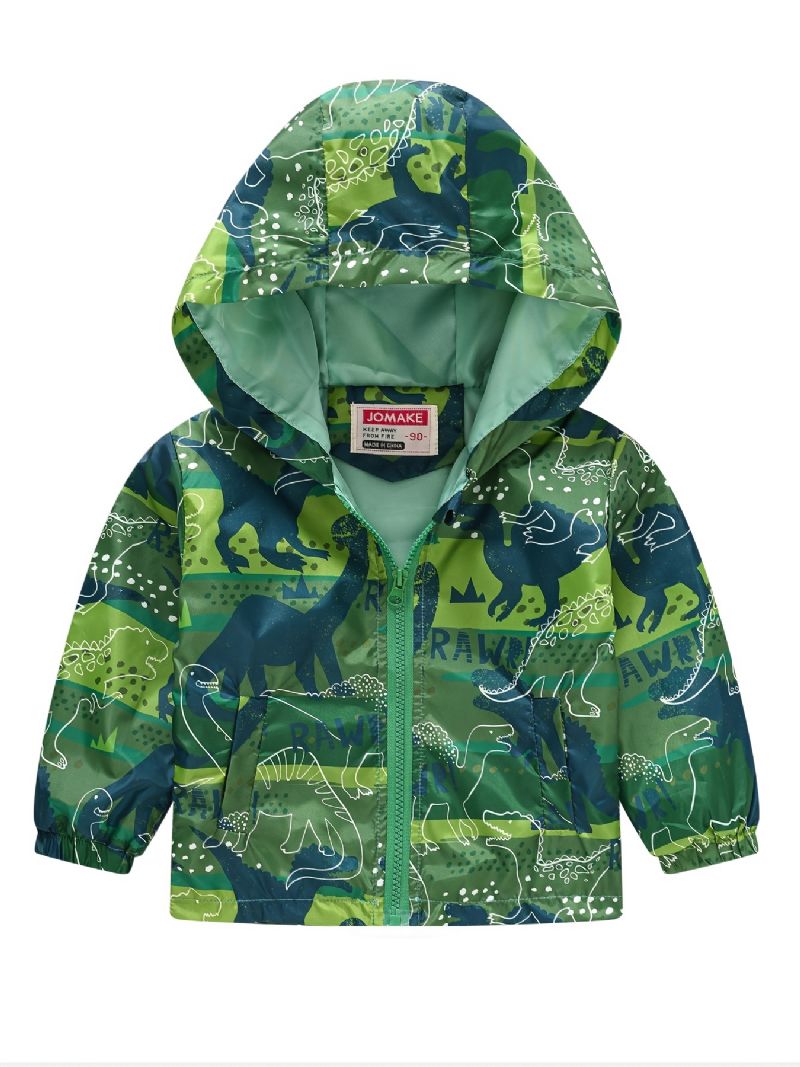 1 Stk Casual Søt Grønn Dinosaur Print Glidelås Hettejakke Cardigan Krage Termojakke For Vinter Gutter Jenter