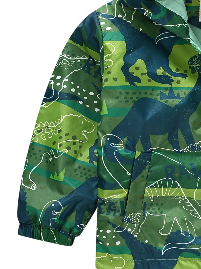 1 Stk Casual Søt Grønn Dinosaur Print Glidelås Hettejakke Cardigan Krage Termojakke For Vinter Gutter Jenter