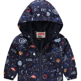 1 Stk Gutter Casual Space Print Glidelås Hettejakke Cardigan Krage Termisk Jakke Til Vinteren