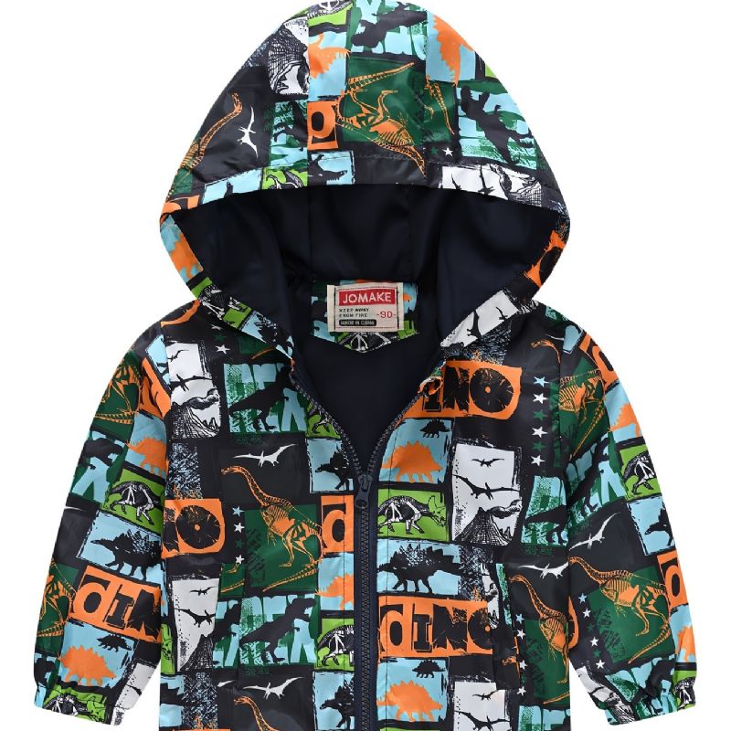 1 Stk Gutter Jenter Casual Søt Dinosaur Print Glidelås Hettejakke Cardigan Krage Fleece Termisk Jakke Til Vinter