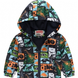 1 Stk Gutter Jenter Casual Søt Dinosaur Print Glidelås Hettejakke Cardigan Krage Fleece Termisk Jakke Til Vinter