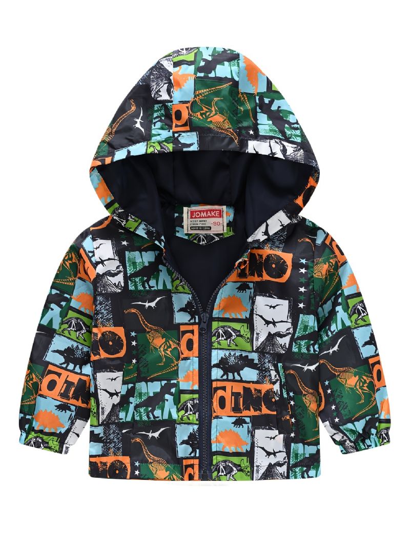 1 Stk Gutter Jenter Casual Søt Dinosaur Print Glidelås Hettejakke Cardigan Krage Fleece Termisk Jakke Til Vinter