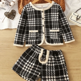 2 Stk Baby Jenter Langermet Cardigan Jakke & Houndstooth Shorts Barneklær