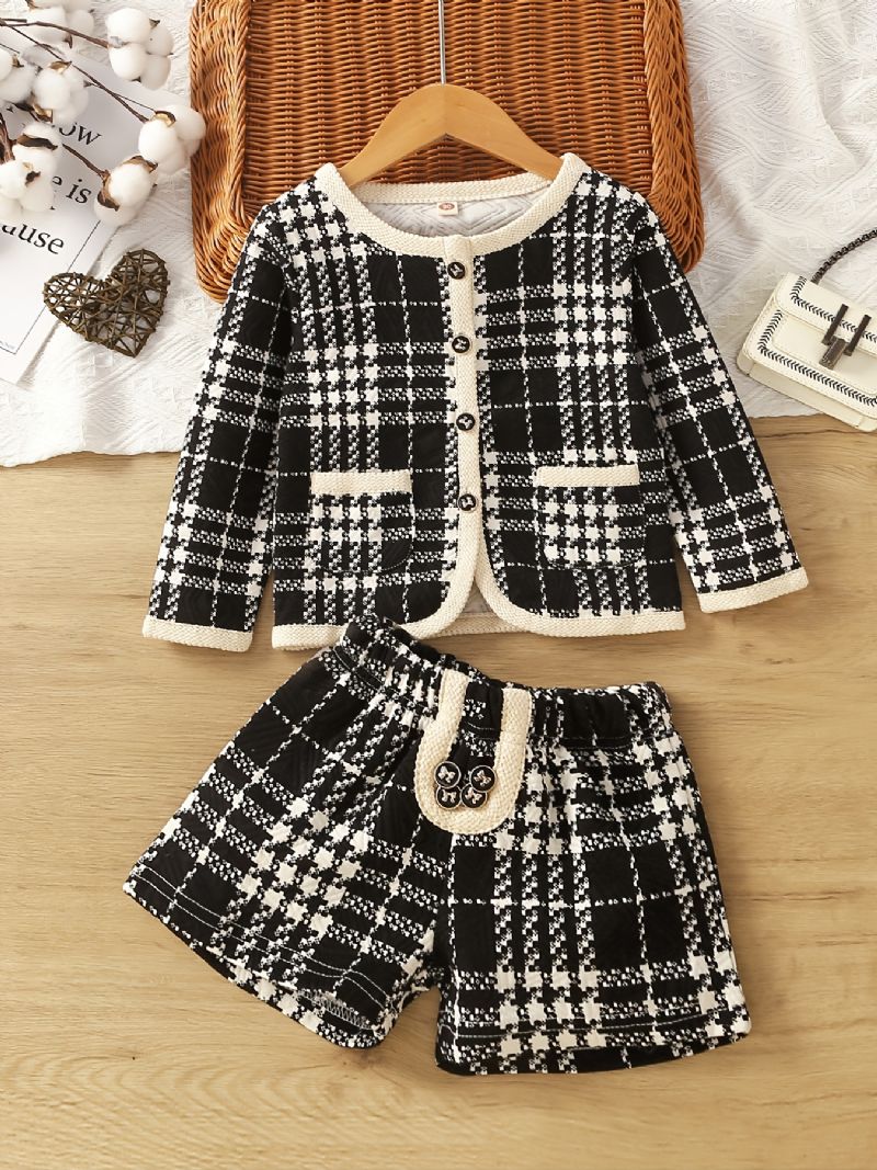 2 Stk Baby Jenter Langermet Cardigan Jakke & Houndstooth Shorts Barneklær