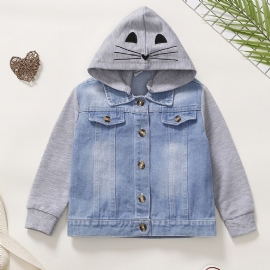 Baby Guttens Casual Stitching Hette Denimjakke Med Søt Kattetrykk For Vinter Cerulean