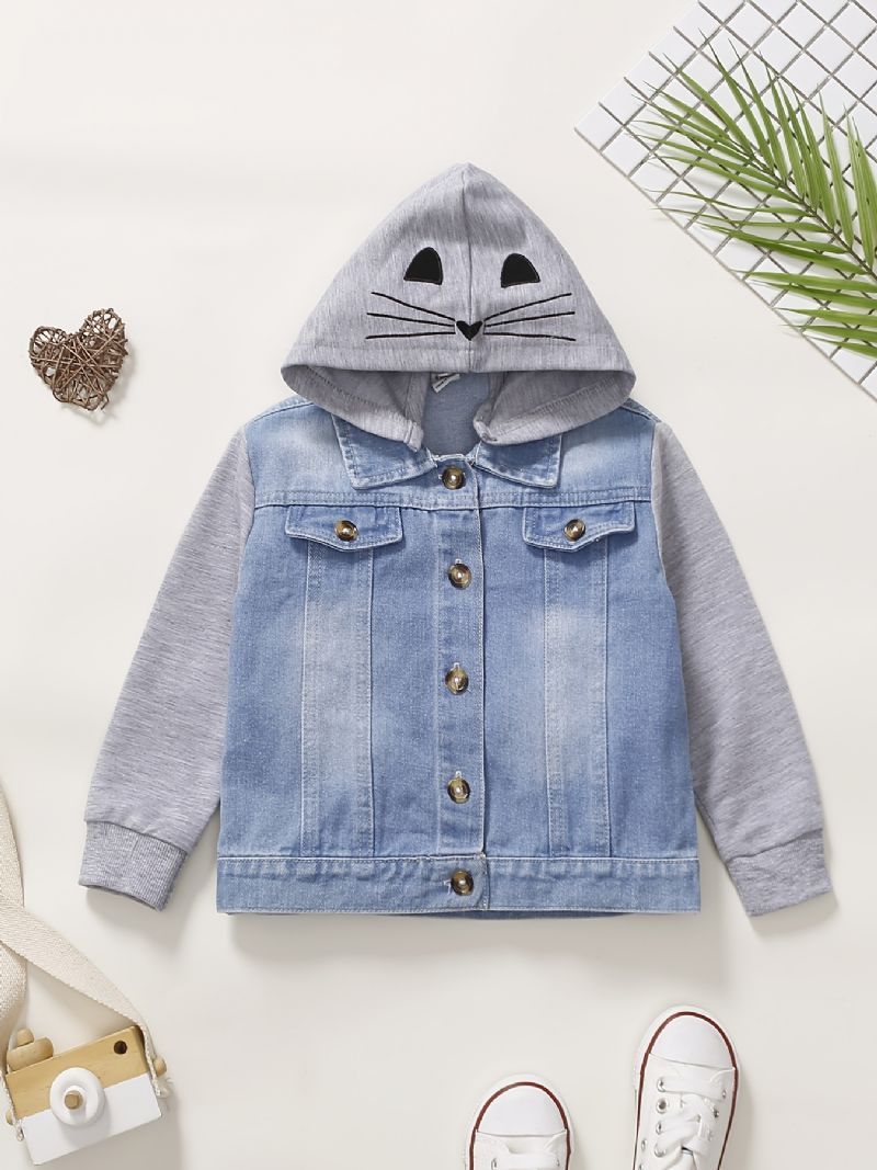 Baby Guttens Casual Stitching Hette Denimjakke Med Søt Kattetrykk For Vinter Cerulean