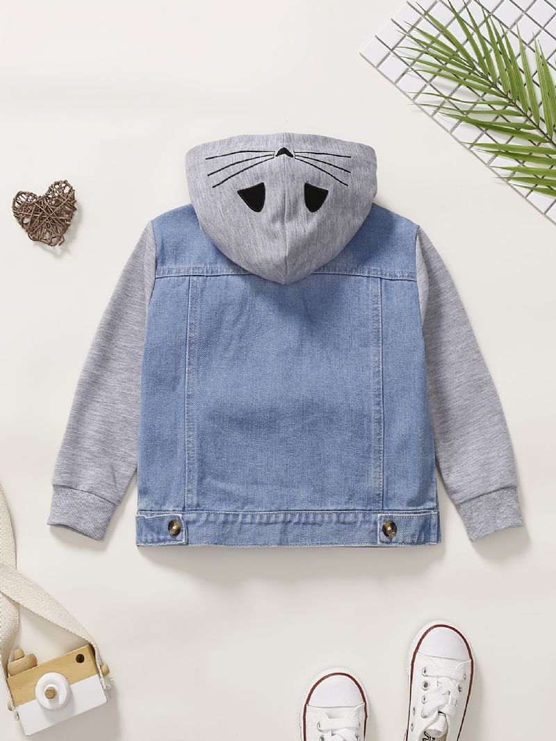 Baby Guttens Casual Stitching Hette Denimjakke Med Søt Kattetrykk For Vinter Cerulean