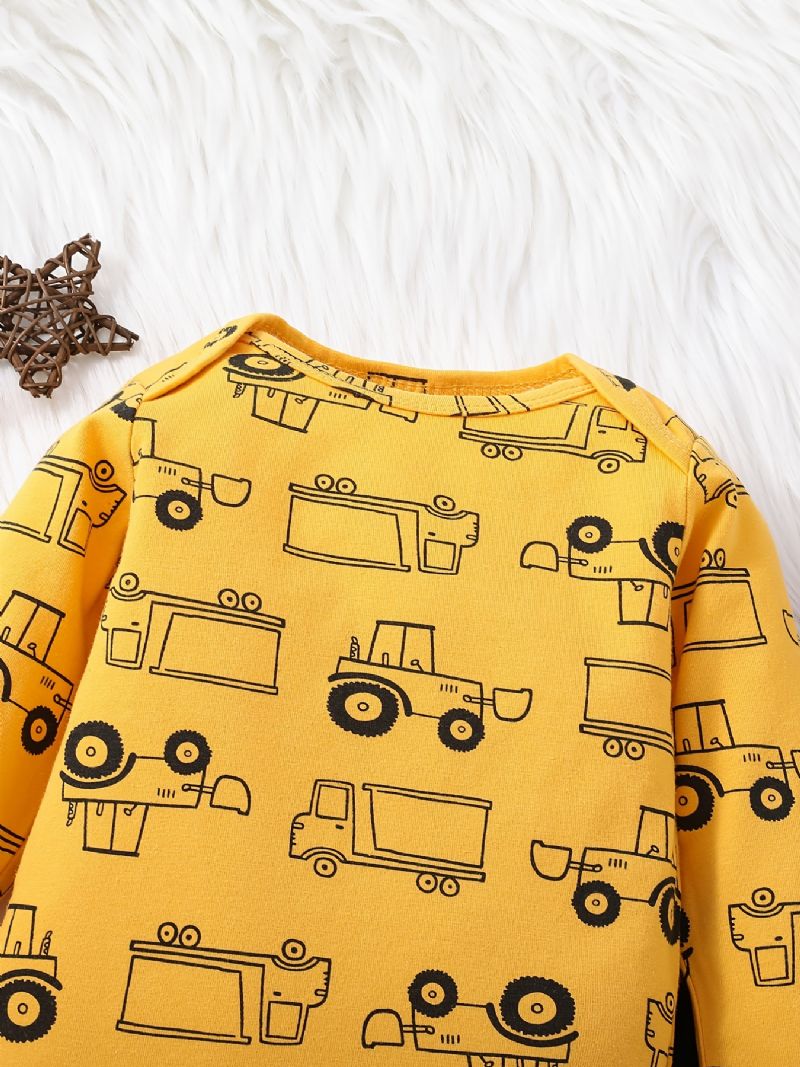 Baby Gutter Casual Cartoon Car Print Romper & Stripete Hettejakke Og -bukser Med Glidelås