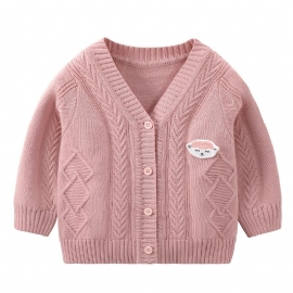 Baby Jenter Gutter Strikket Cardigan V-hals Genser Termisk Jakke Med Tegneseriedesign Til Vinter Babyklær