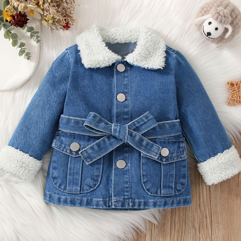 Baby Jenter Lapel Denim Jakke Med Sløyfe Belte For Høst Vinter Ny