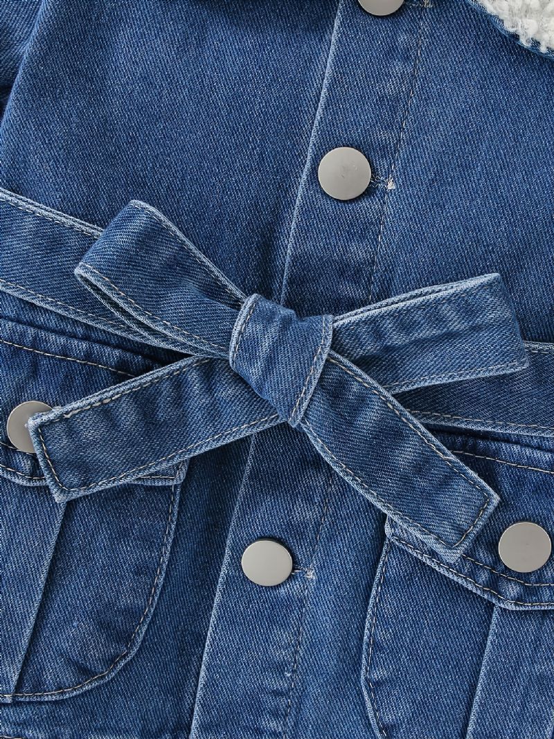 Baby Jenter Lapel Denim Jakke Med Sløyfe Belte For Høst Vinter Ny