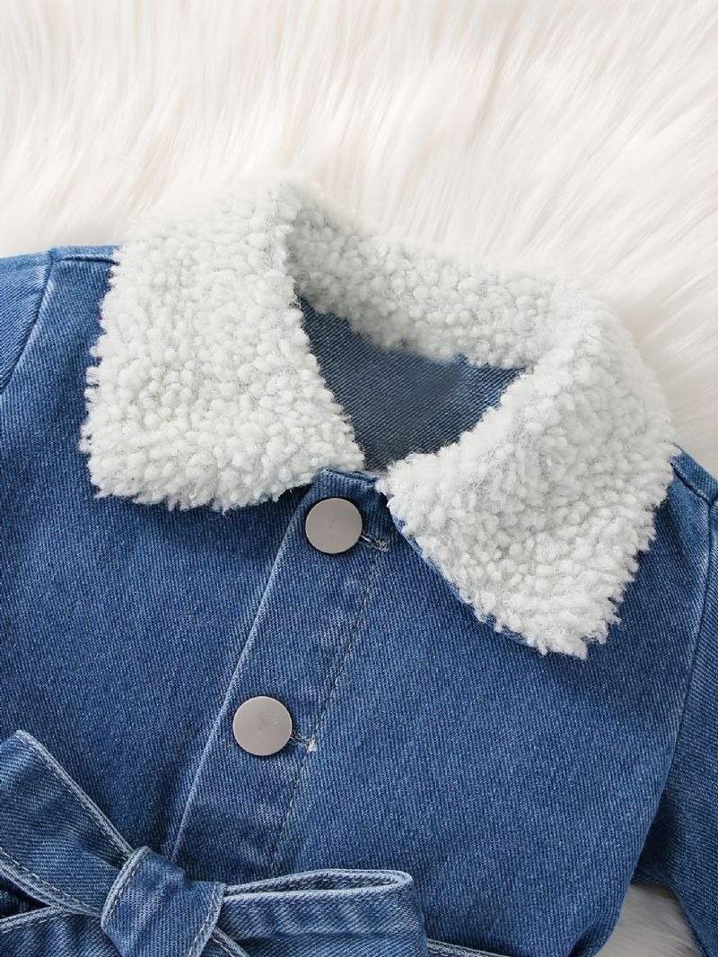 Baby Jenter Lapel Denim Jakke Med Sløyfe Belte For Høst Vinter Ny