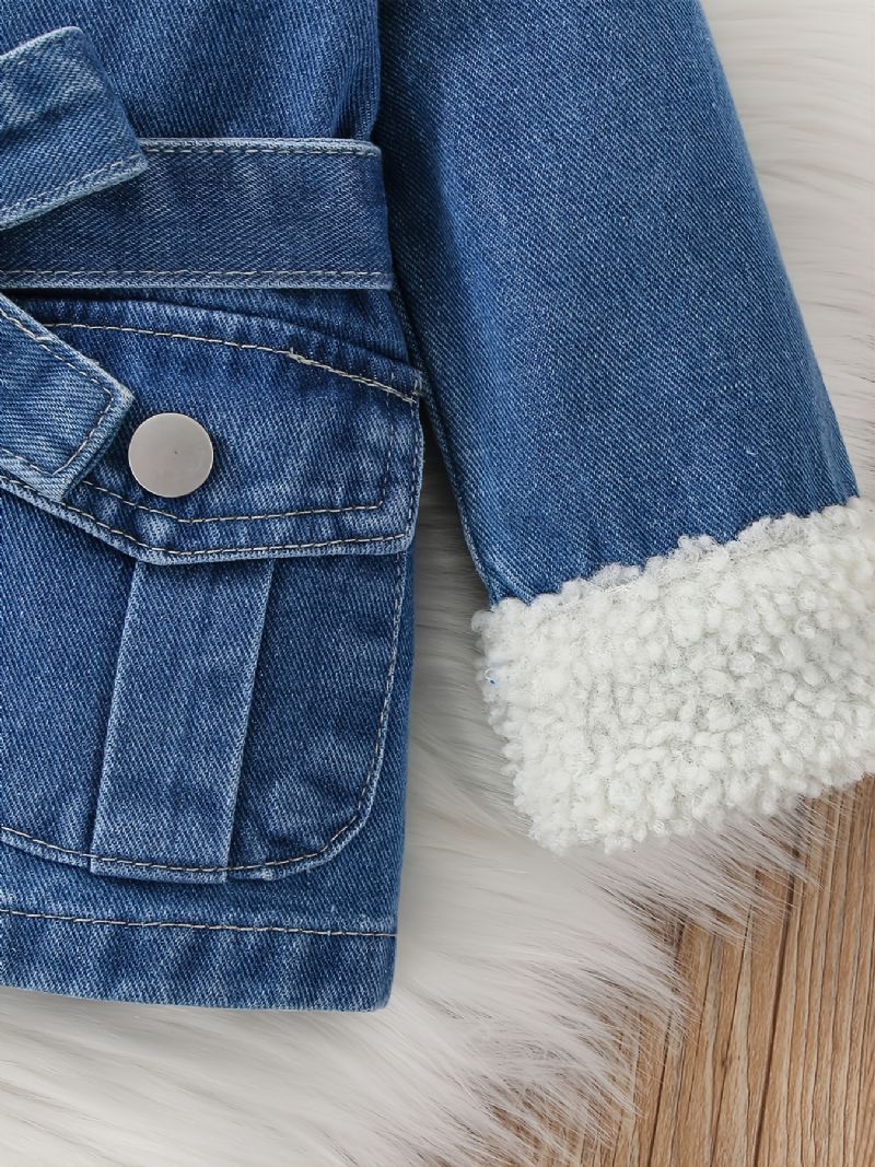 Baby Jenter Lapel Denim Jakke Med Sløyfe Belte For Høst Vinter Ny