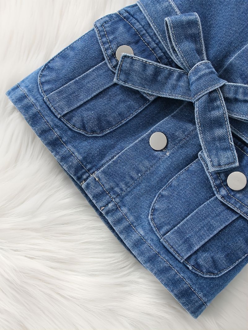 Baby Jenter Lapel Denim Jakke Med Sløyfe Belte For Høst Vinter Ny